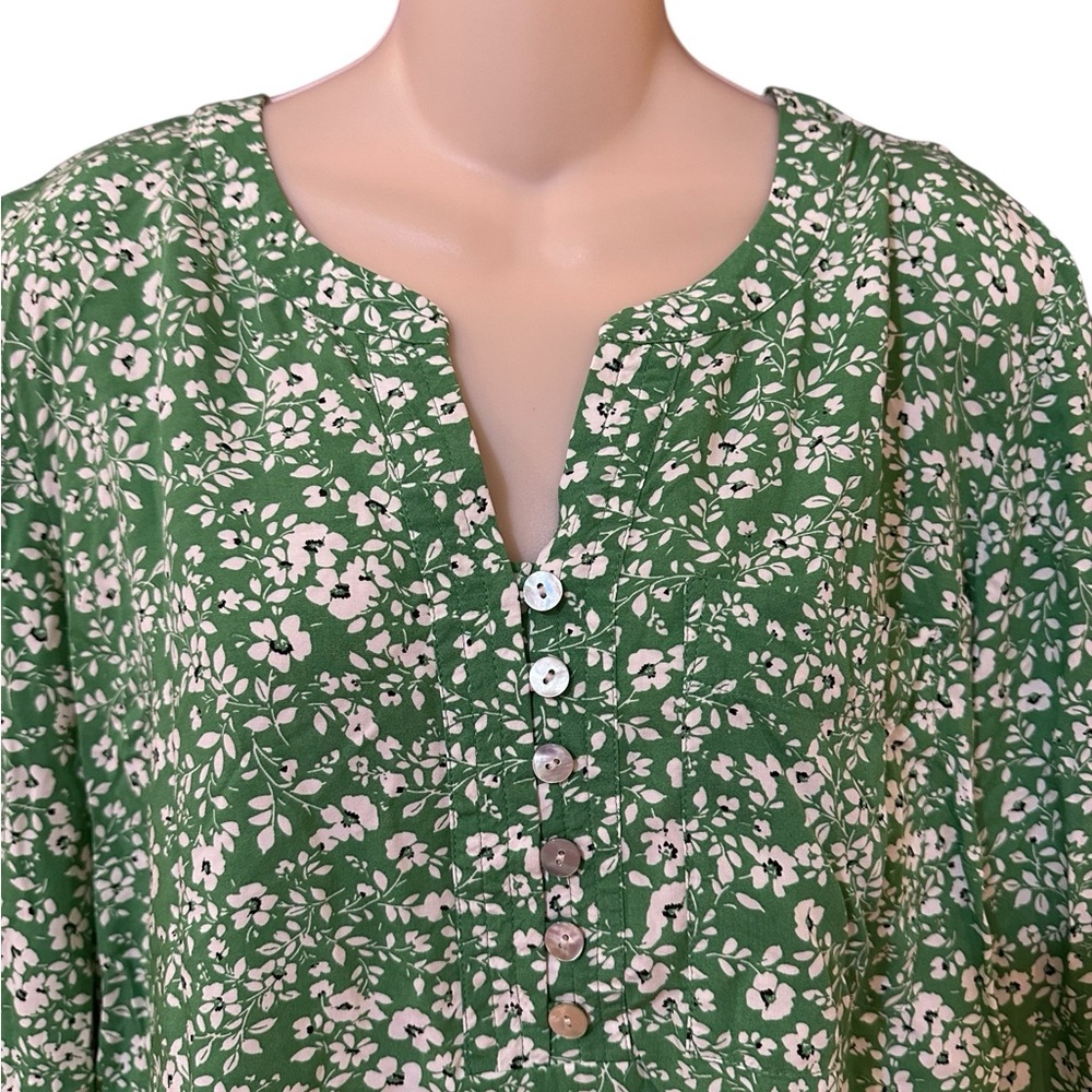 J Jill Rayon Green Ditsy Floral Print‎ Henley Neck Long Sleeve Tunic Size XLP - Picture 3 of 11